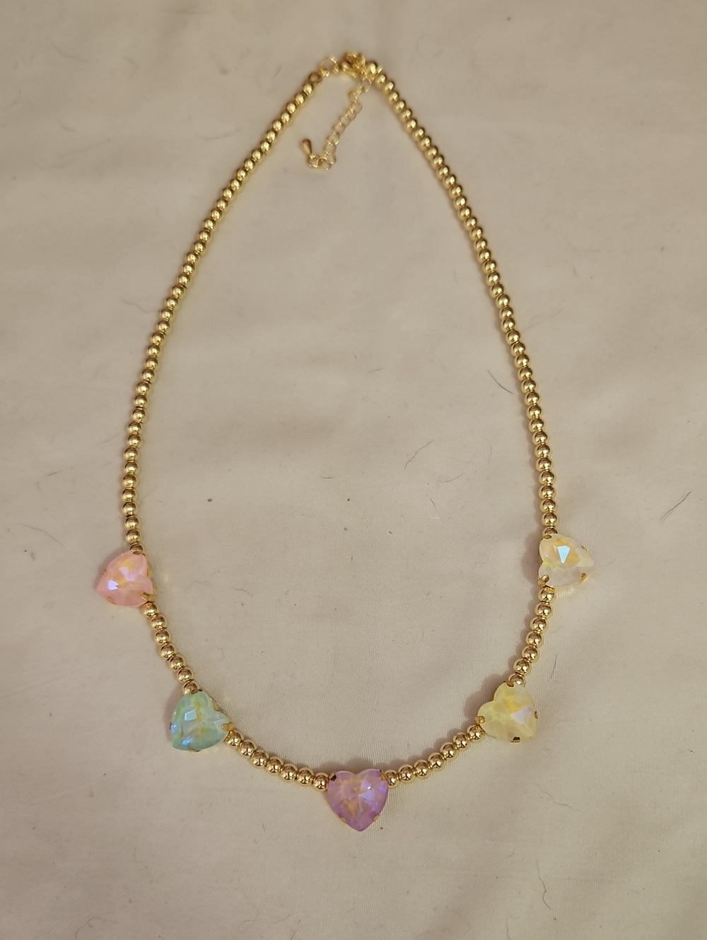 Gold Beaded Necklace with Iridescent Heart Charms - Women Jewelry